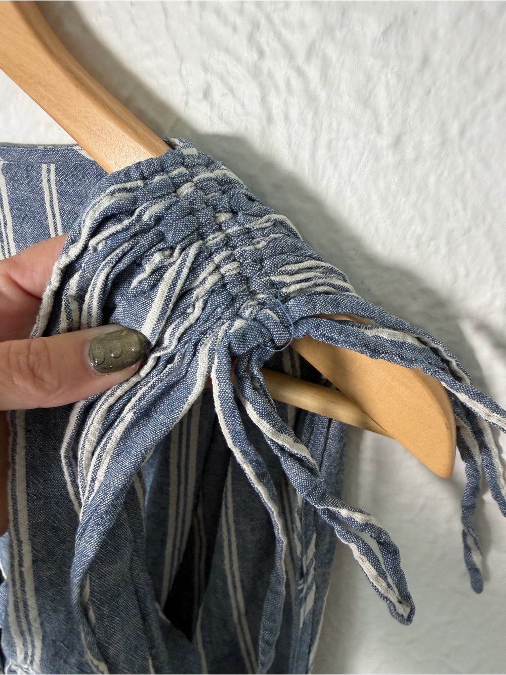 Free People Medium Blue Striped Linen Dress Deep V Neck Pockets Boho - Picture 3 of 10